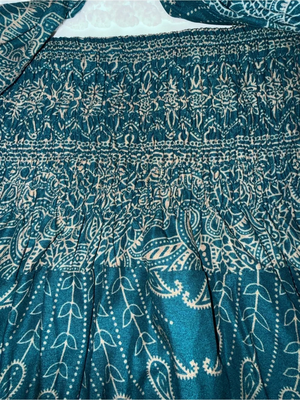 Teal Embroidered Maxi Skirt with Smocked Waist and Tie